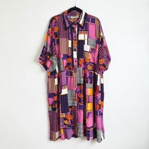 Freestyle Vintage Patchwork Floral Houndstooth Midi Dress Purple Pink Orange 1X